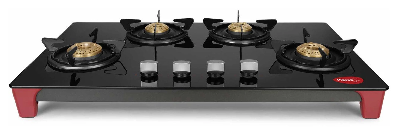 Pigeon Infinity Glass-Top 4 Burner Gas Stove Manual Ignition Elegant & Durable Kitchen Cooktop