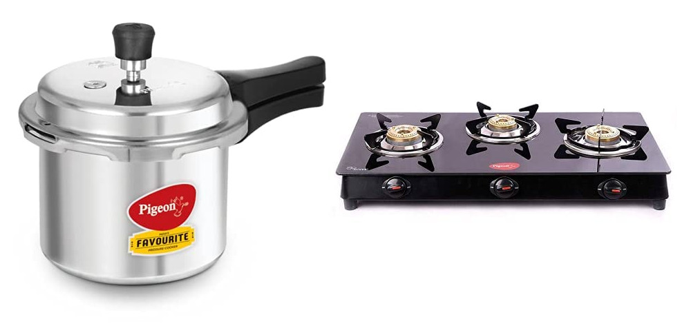 Pigeon Favourite Aluminum Pressure Cooker 3 L & Aster 3 Burner Glass-top Gas Stove Combo Offer