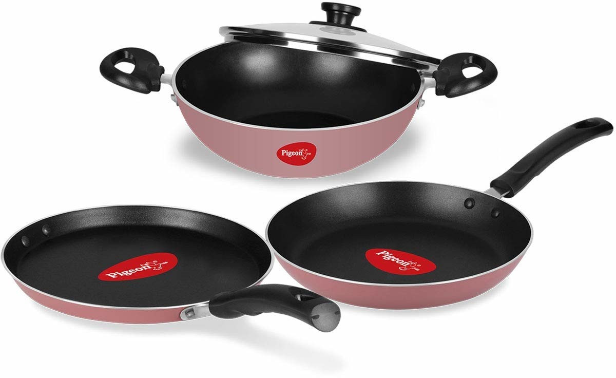 Pigeon Basics Non Induction Base Non Stick Aluminium Cookware Set (Color: Pink)