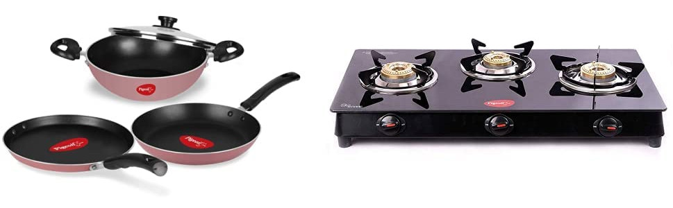 Pigeon Basics Aluminium Non-Stick Cookware Set with One Lid; Set of 3 and Glass Top Aster 3 Burner combo