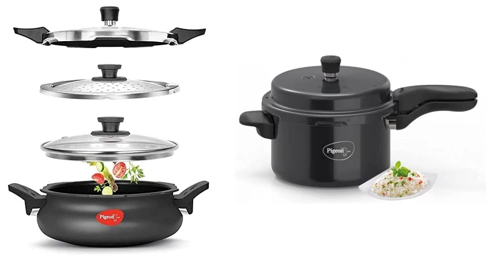 Pigeon 2-Item Combo: Induction Base 3L All in One Super Cooker & 5L Hard Anodised Pressure Cooker