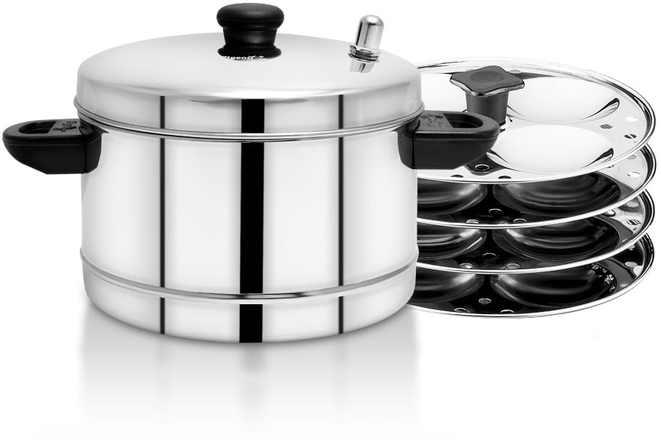 Pigeon Classic Stainless Steel Idli Cooker: 4 Plate Idly Maker for Gas & Induction Stoves