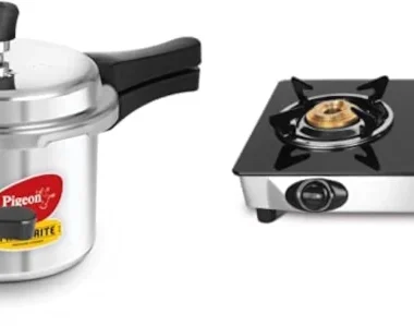 Pigeon Infinity Glass-Top 3 Burner Stove + Pigeon Outer Lid Non-Induction Pressure Cooker Combo