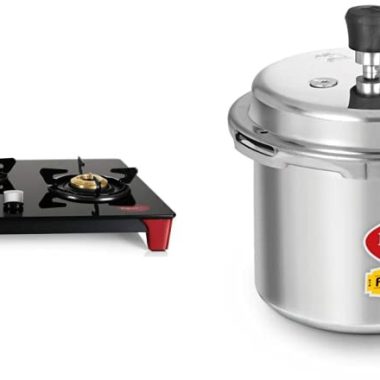 Pigeon Infinity Glass-Top 3 Burner Stove + Pigeon Outer Lid Induction Pressure Cooker Combo