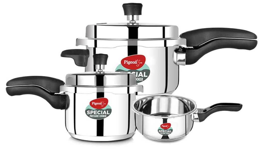 Pigeon Special Stainless Steel Induction & Gas Stove Compatible Pressure Cooker Set - 2L, 3L, 5L