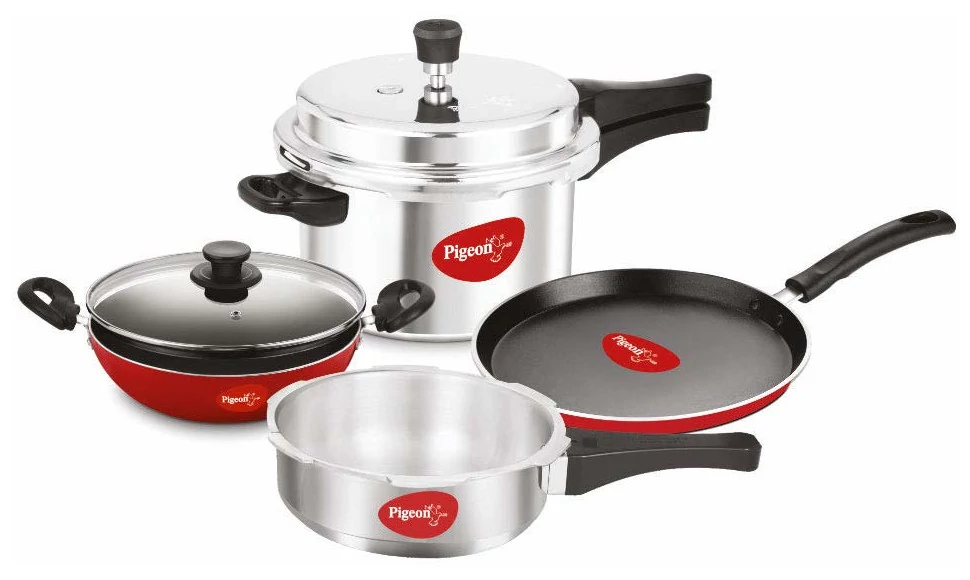 Pigeon Induction Base 4-in-1 Starter Kit (Pressure Cooker, Pressure Pan, Tawa, and Kadhai Set)