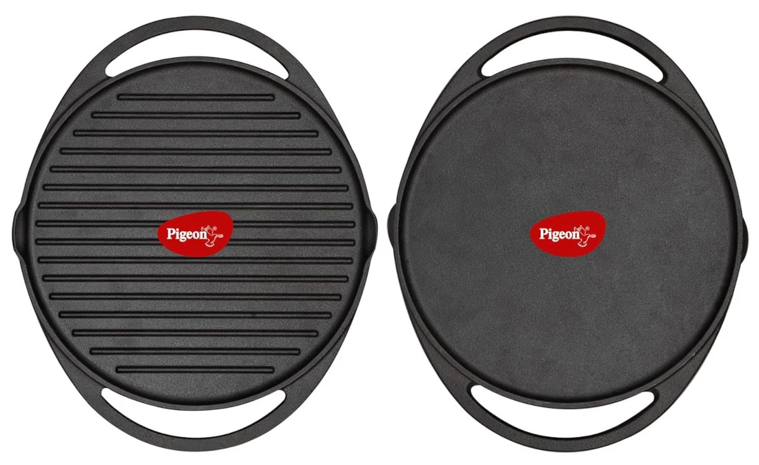 Pigeon Pre-Seasoned Cast Iron Double Side Tawa Grill 31 cm, Induction Compatible