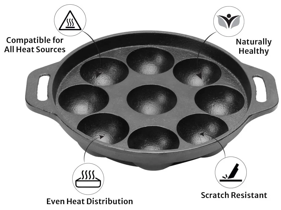 Pigeon Long Lasting Cast Iron Panniyarakkal 9 Rounds | Induction & Gas Compatible Features