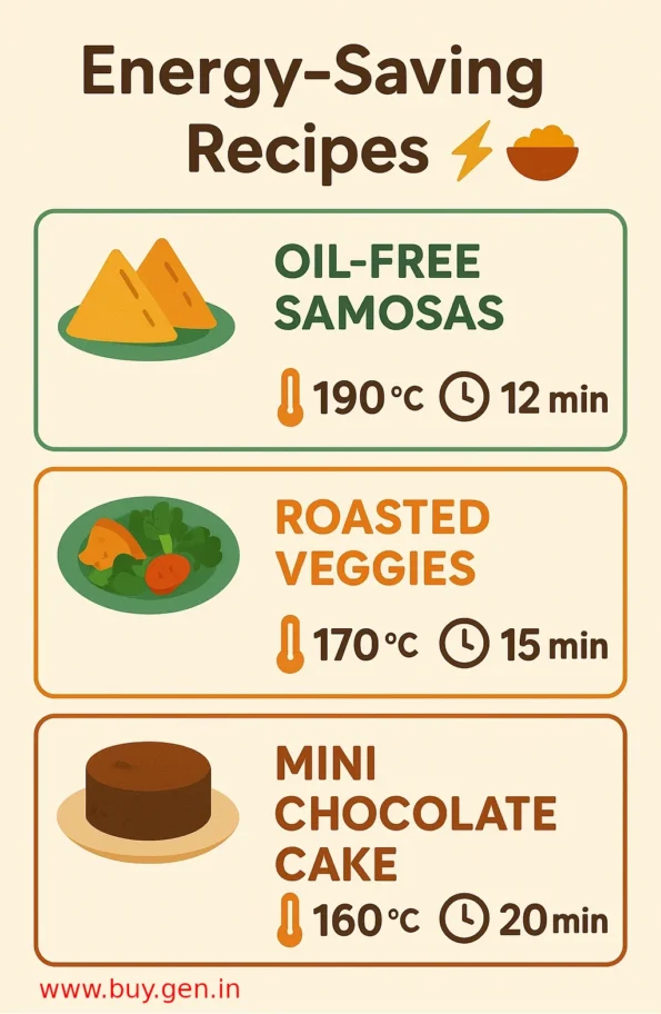 Mini infographic showing three energy-saving Pigeon Healthifry air fryer recipes—oil-free samosas, roasted veggies, and mini chocolate cake with cost per cycle.