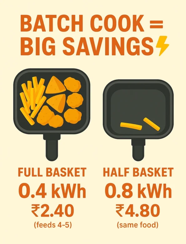Mini infographic showing how batch cooking snacks in the Pigeon Healthifry air fryer saves energy and cost compared to multiple small cooking cycles