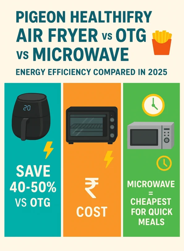 Featured infographic comparing Pigeon Healthifry air fryer, OTG oven, and microwave energy efficiency in 2025 with cooking time, power use, and cost savings.