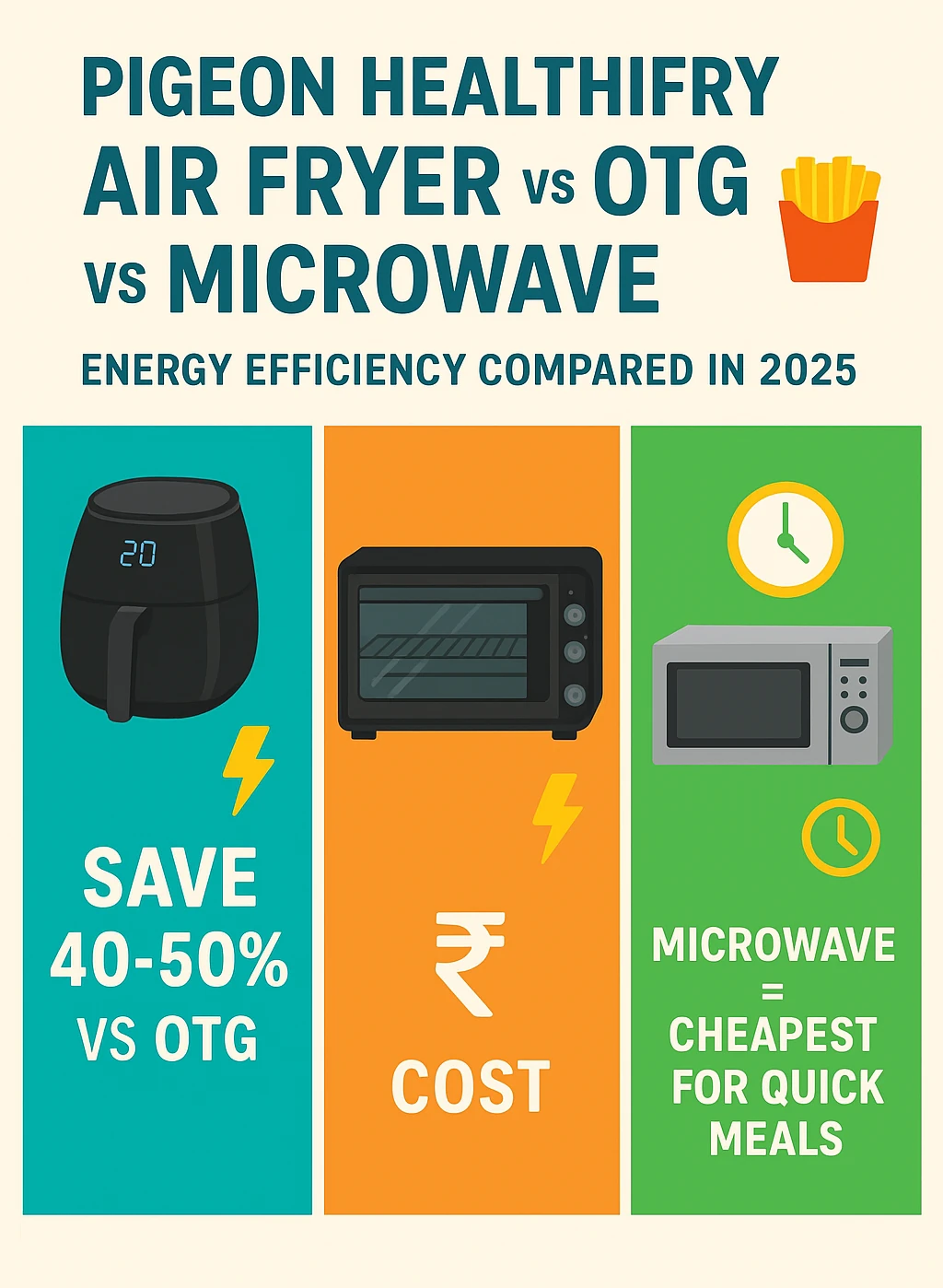 Featured infographic comparing Pigeon Healthifry air fryer, OTG oven, and microwave energy efficiency in 2025 with cooking time, power use, and cost savings.