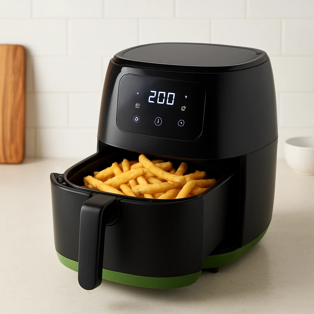 Modern digital air fryer with glowing LED display on a bright kitchen counter, basket filled with golden French fries, clean lifestyle background with space for blog title overlay — professional food photography style