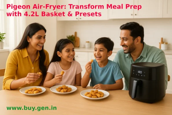 Happy Indian family enjoying crispy air-fried snacks together at a dining table with a modern digital air fryer on the side — bright natural lighting, healthy lifestyle theme, professional food blog photo.