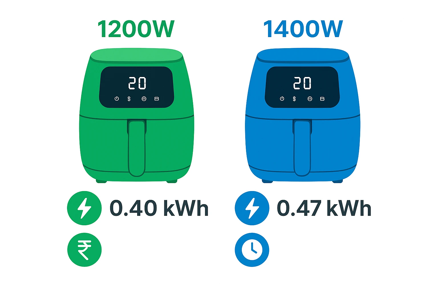 A clean infographic-style image comparing electricity usage of a 1200W and 1400W digital air fryer. Show two air fryers side by side with energy meters below them: “0.40 kWh” under the 1200W model and “0.47 kWh” under the 1400W model.
