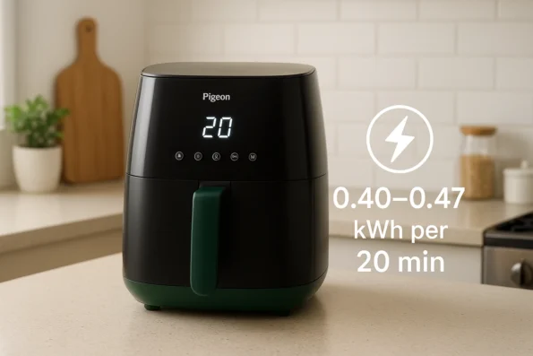 image of a sleek black-and-green digital air fryer (Pigeon HealthiFRY) on a modern Indian kitchen countertop, with a glowing digital timer (20 minutes) and an overlay graphic showing ⚡ “0.40–0.47 kWh per 20 min