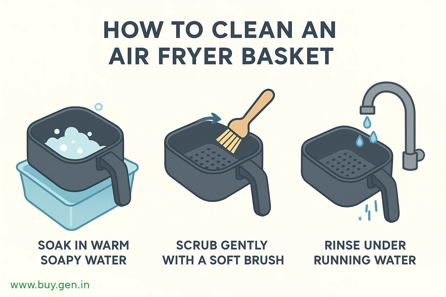 Step-by-step infographic showing how to clean an air fryer basket: soaking in warm soapy water, scrubbing gently with a soft brush, and rinsing under running water — modern illustration with clean icons for a how-to blog.