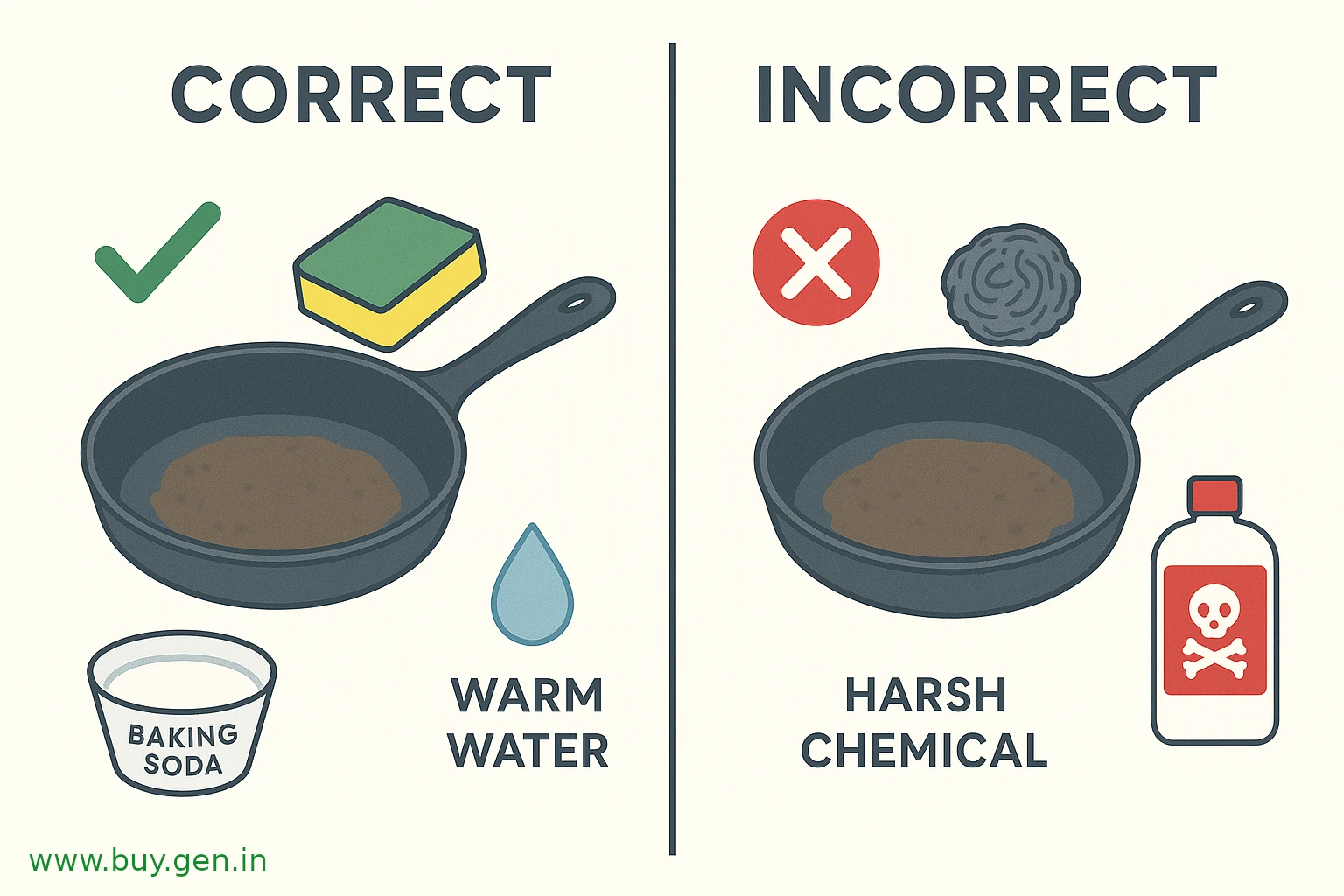 Split-screen infographic comparing correct vs incorrect air fryer basket cleaning methods: left side with sponge, baking soda paste, and warm water marked with green check; right side with steel wool and harsh chemicals marked with red cross — modern flat-lay style.