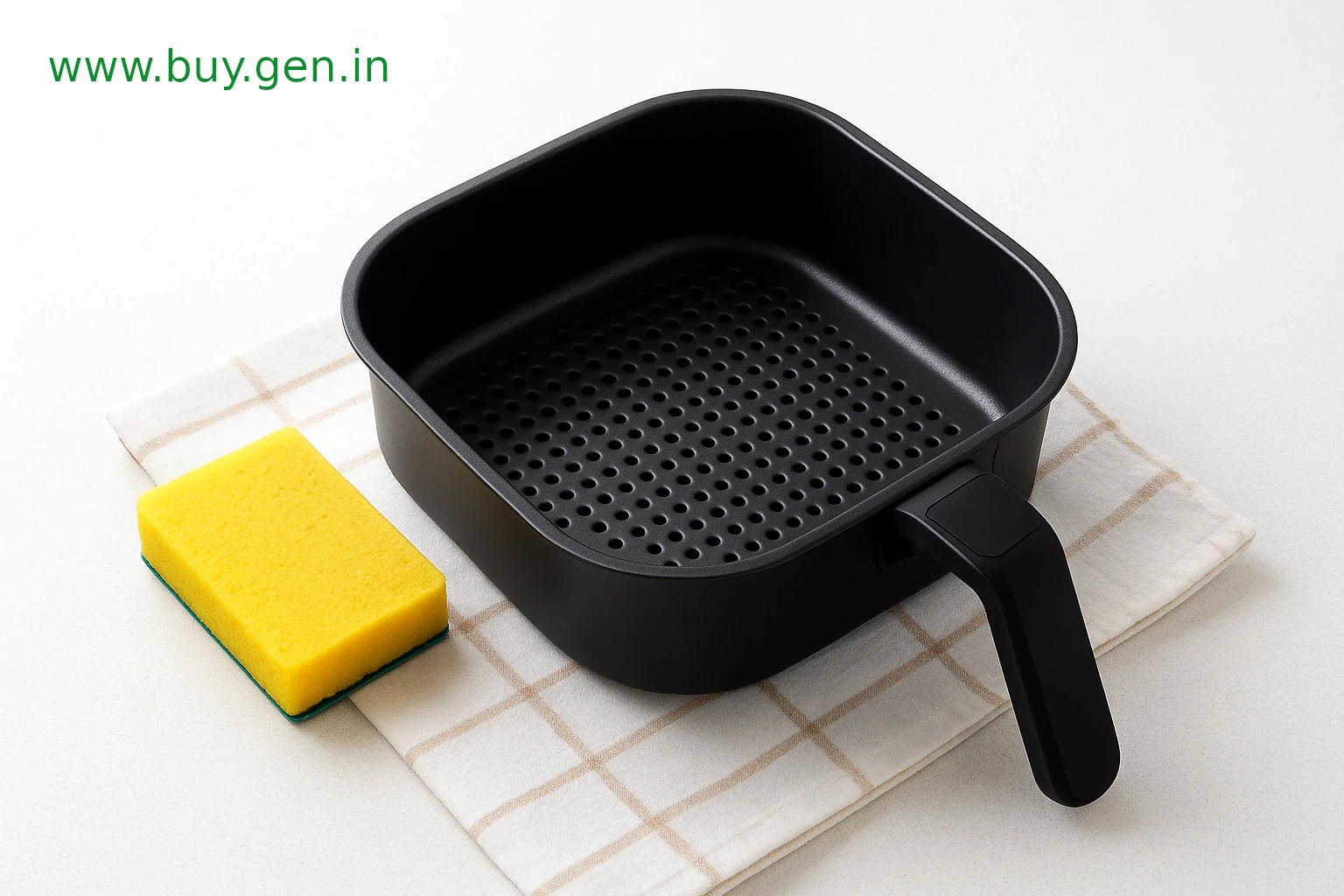 Shiny, freshly cleaned non-stick air fryer basket drying on a striped kitchen towel with a yellow sponge nearby on a bright white countertop — minimalist high-resolution product-style photo highlighting spotless non-stick surface.